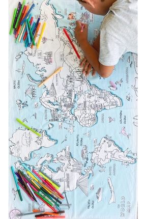 Dünya Haritası Boyama Örtüsü-boya, Yıka, Tekrar Boya, Tekrar Yıka-70x120cm (24'lü Kalemle) WRLD02