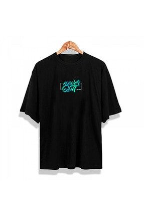 Unisex Siyah Never Quit Baskılı Oversize T-shirt NVRQT452