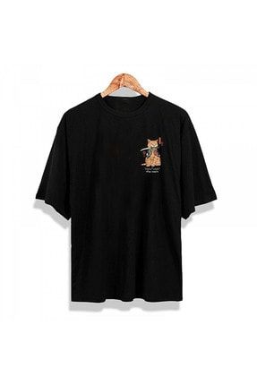 Unisex Samuray Cat Baskılı Siyah Oversize Tshirt SMRTCT1247