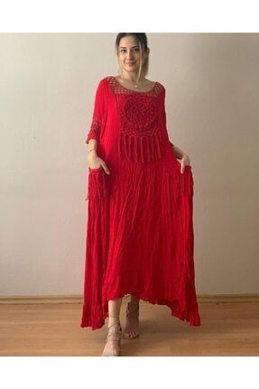 Otantik Vual Pamuk Gipür Detaylı Cepli Kırmızı Büyük Beden Maxi Elbise SK2021-1023