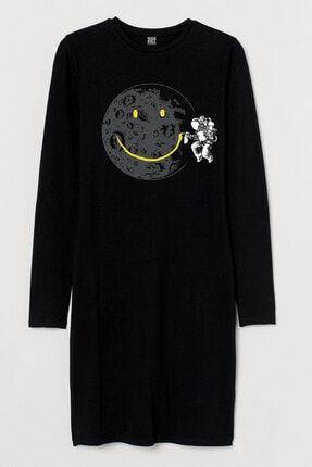 Kadın Siyah Grafitici Astronot Uzun Kollu Penye T-shirt Elbise 1M2DW226AS