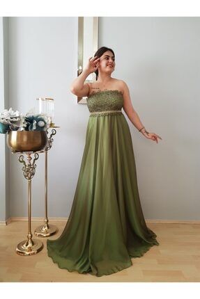 Kadın Yağ Yeşili Büyük Beden Tasarım Straplez Abiye Elbise MRT00000332