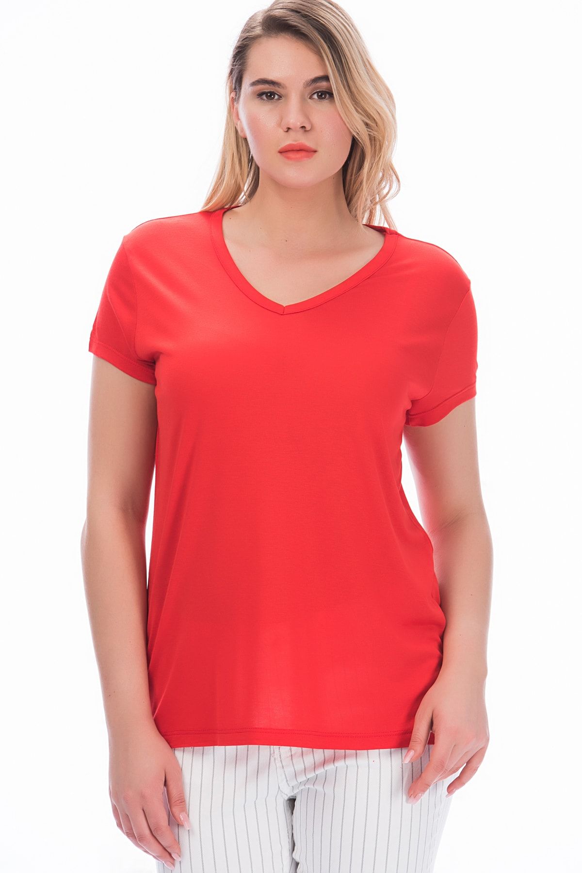 Şans-Women's Large Size Red Cotton Fabric V-Neck Blouse 65n27274 1