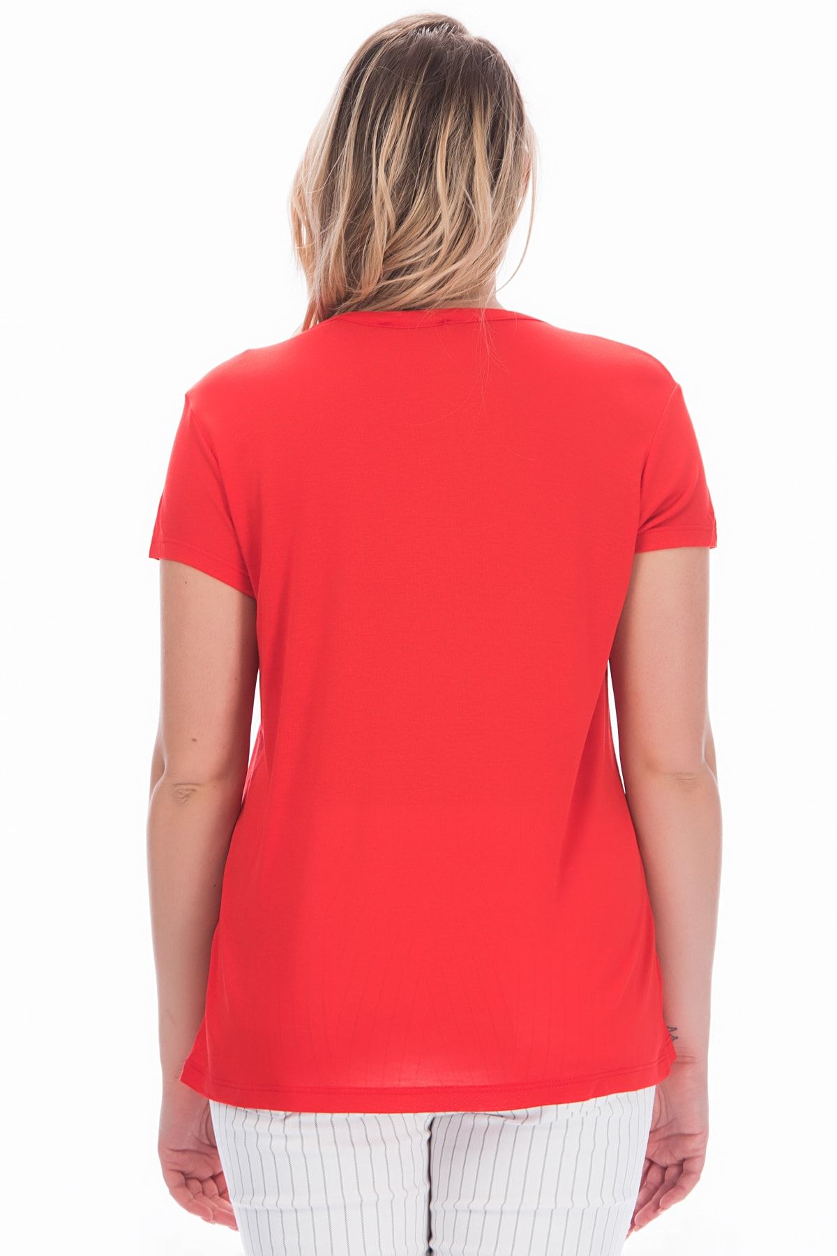 Şans-Women's Large Size Red Cotton Fabric V-Neck Blouse 65n27274 2