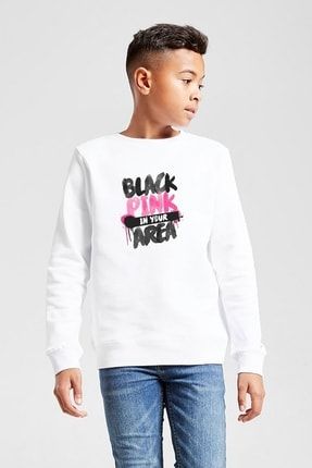 Unisex Çocuk Beyaz Black Pink In Your Area Baskılı Sweatshirt BGA10387-COCSW
