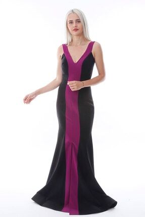 Siyah Fuşya Renk V Yaka Yırtmaçlı Uzun Abiye Elbise 1ABVT168052L