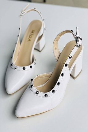 Kadın Beyaz Deri Troklu Topuklu Ayakkabı Y124