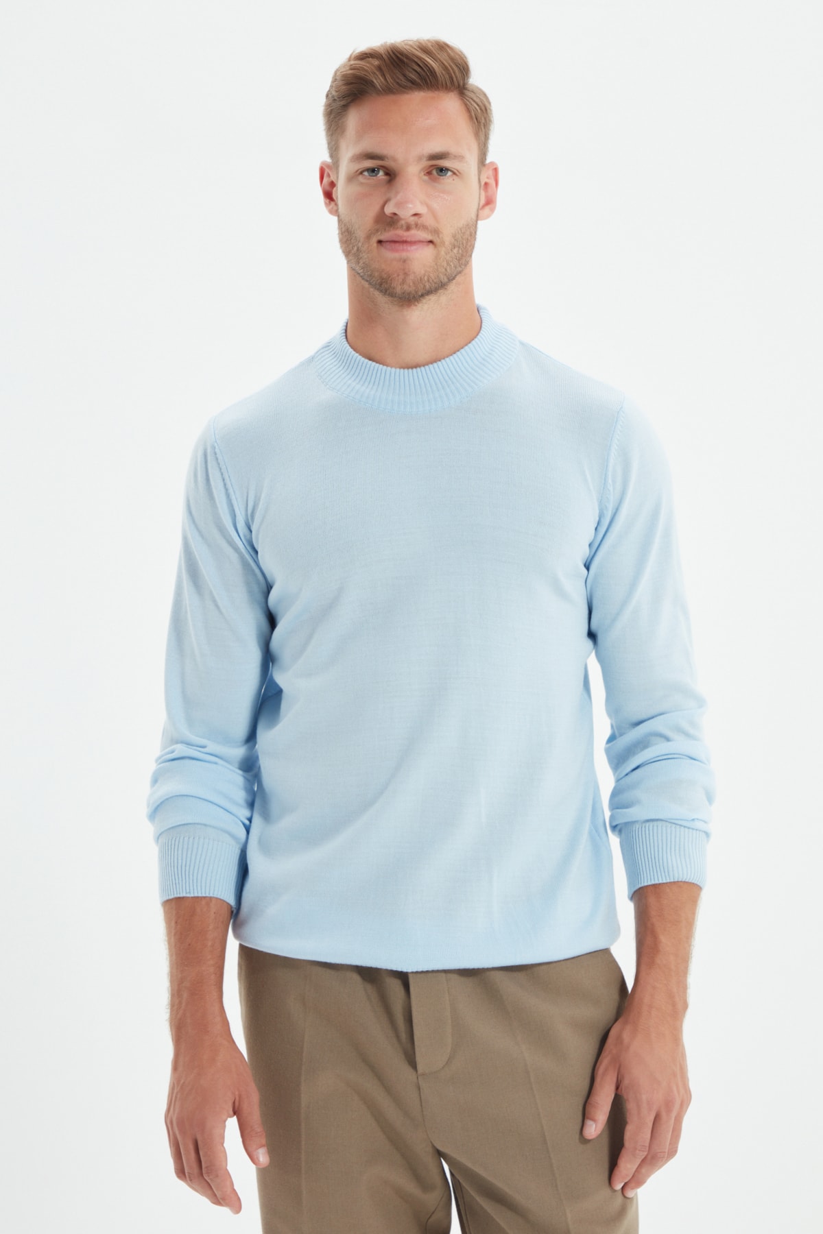 Trendyolmilla Man Mavi Erkek Slim Fit Dar Kesim Yarım Balıkçı Yaka Basic Kazak TMNAW21KZ0758
