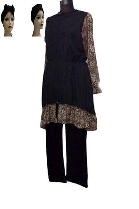 Kadın Giyim Siyah-leopar Desenli Fırfırlı Tam Kapalı Tesettür Mayo Siyah Bone Dahil TYC00200754980