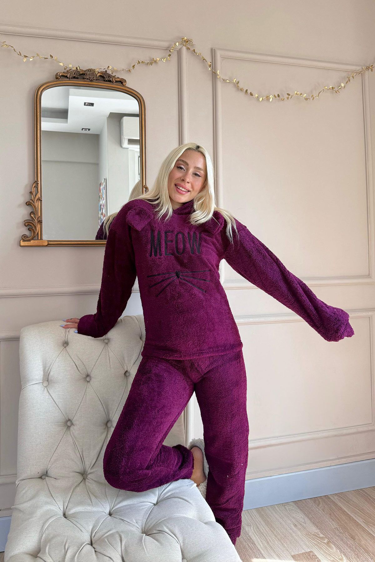 Pijamaevi-Meow Patterned Plum Full Plush Pajama Set 6