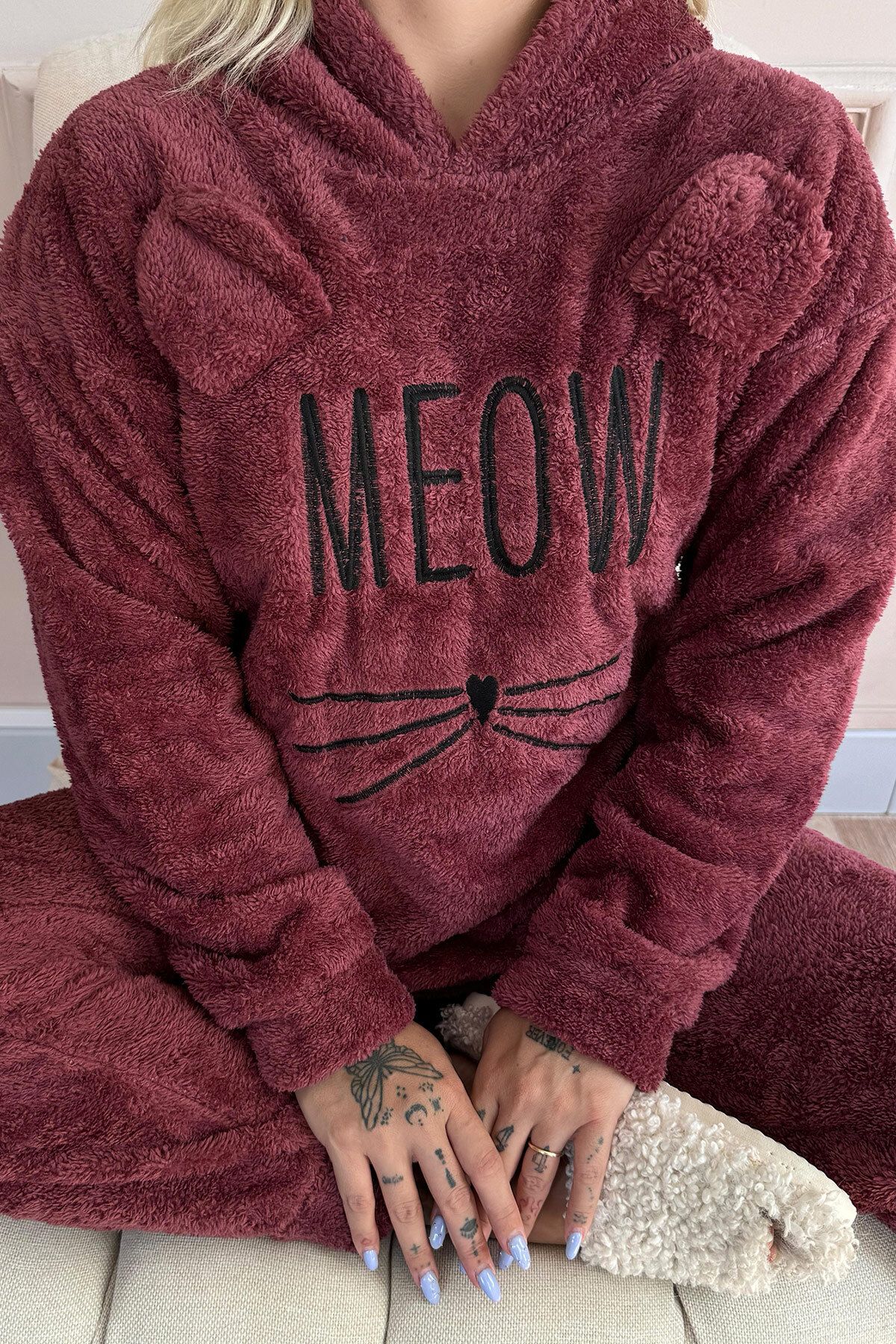 Pijamaevi-Full Plush Claret Red Meow Patterned Pajama Set 7