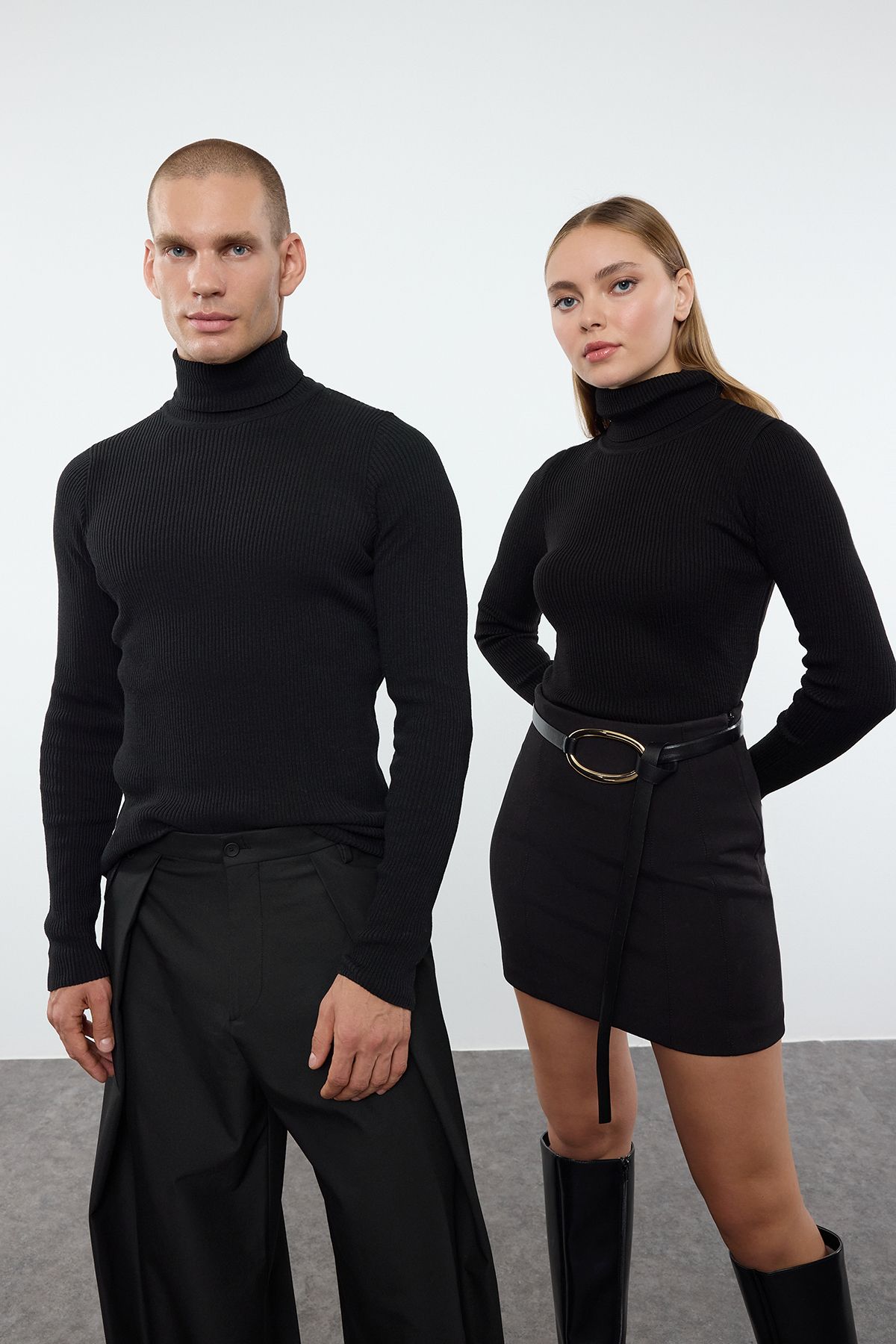 Trendyol Collection-Pulover din tricot cu nervuri, cuplu/dublu, din bumbac, negru, slim, TMNAW20MG0031 1