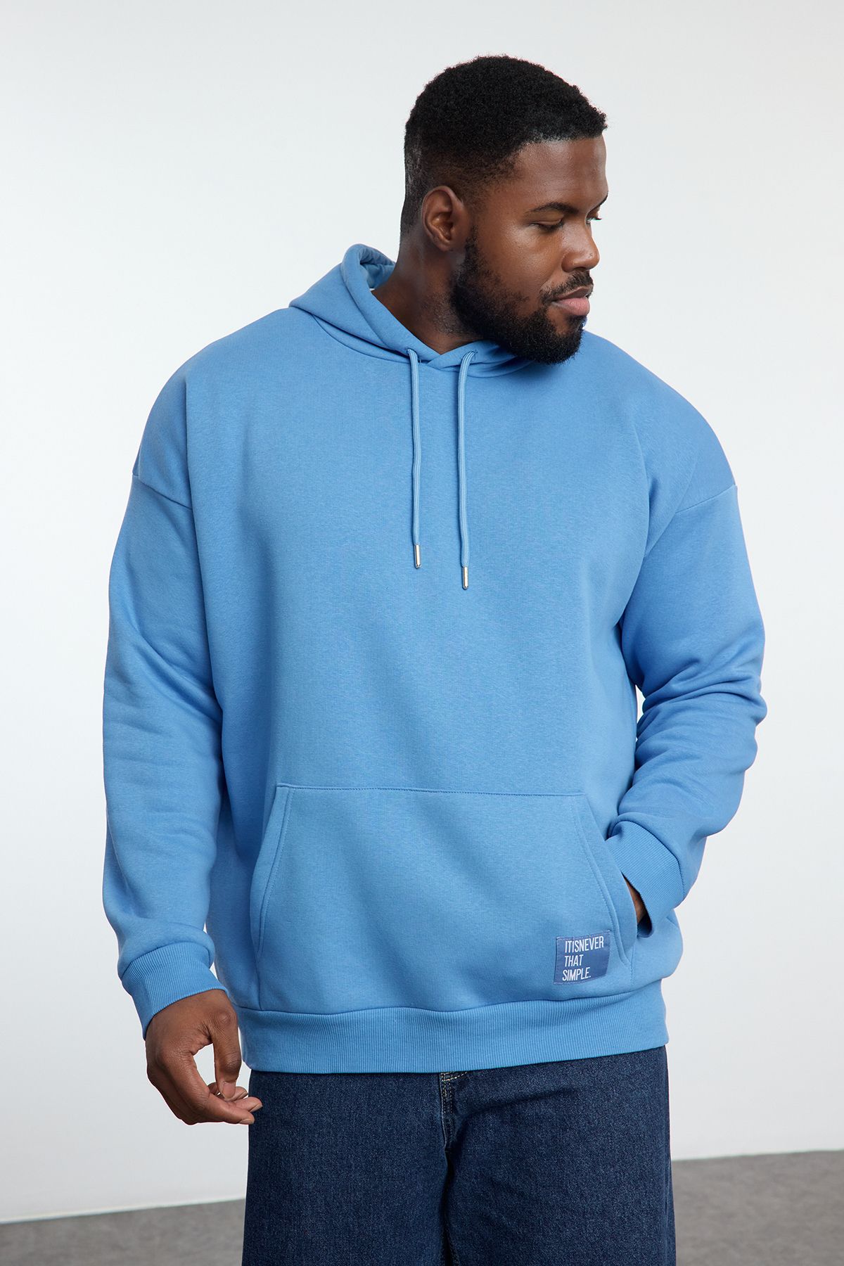 Trendyol Collection Hanorac Albastru De Mărime Mare, Confortabil, De Bază, Cu Glugă, Cu Etichetă În Interior, Din Bumbac, Cu Fleece Masculin - 4XL