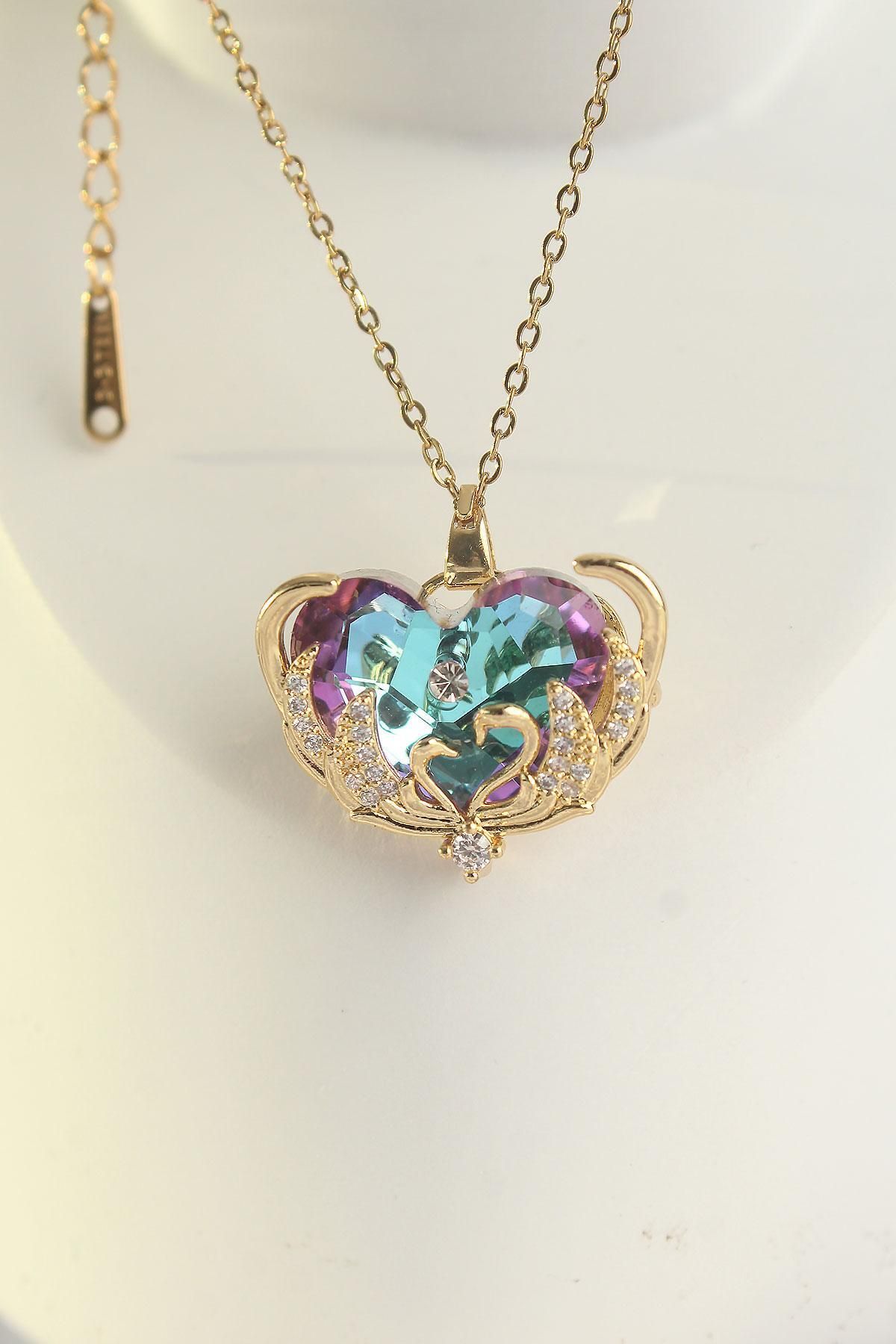 Mir-ay-Purple Colored Zircon Stone Heart Figured Steel Chain Necklace 3