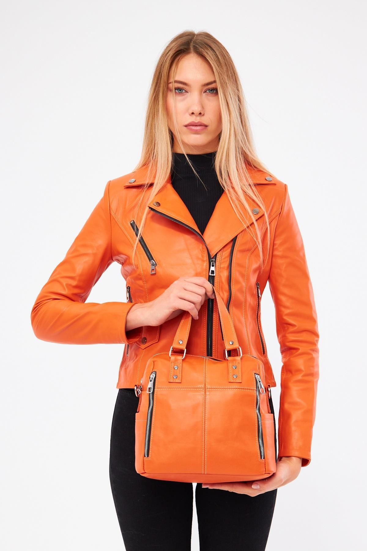 DERİNSS-Dr1249 - Genuine Leather Orange Coat and Bag Combination for Women 7