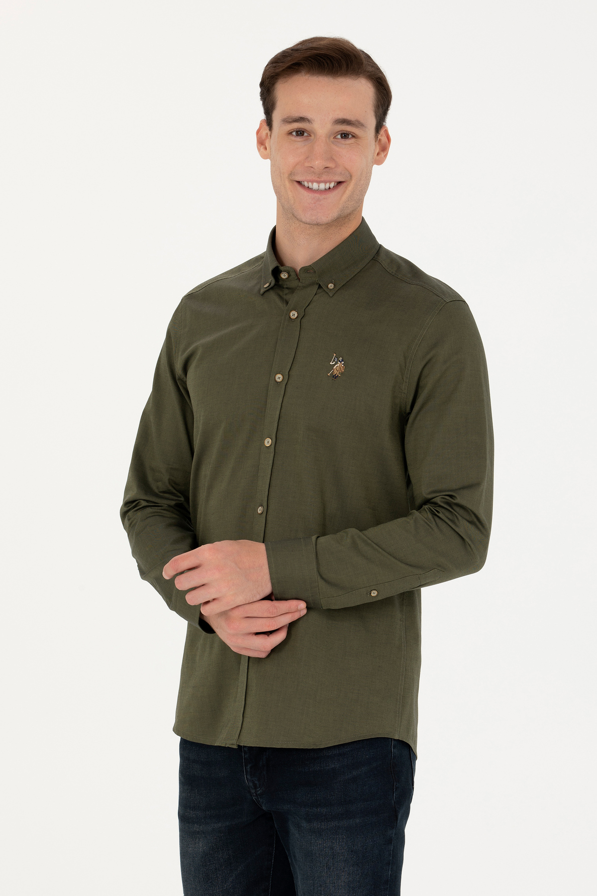 پیراهن پایه آستین بلند سبک خاکی مردانه 50271276-VR183