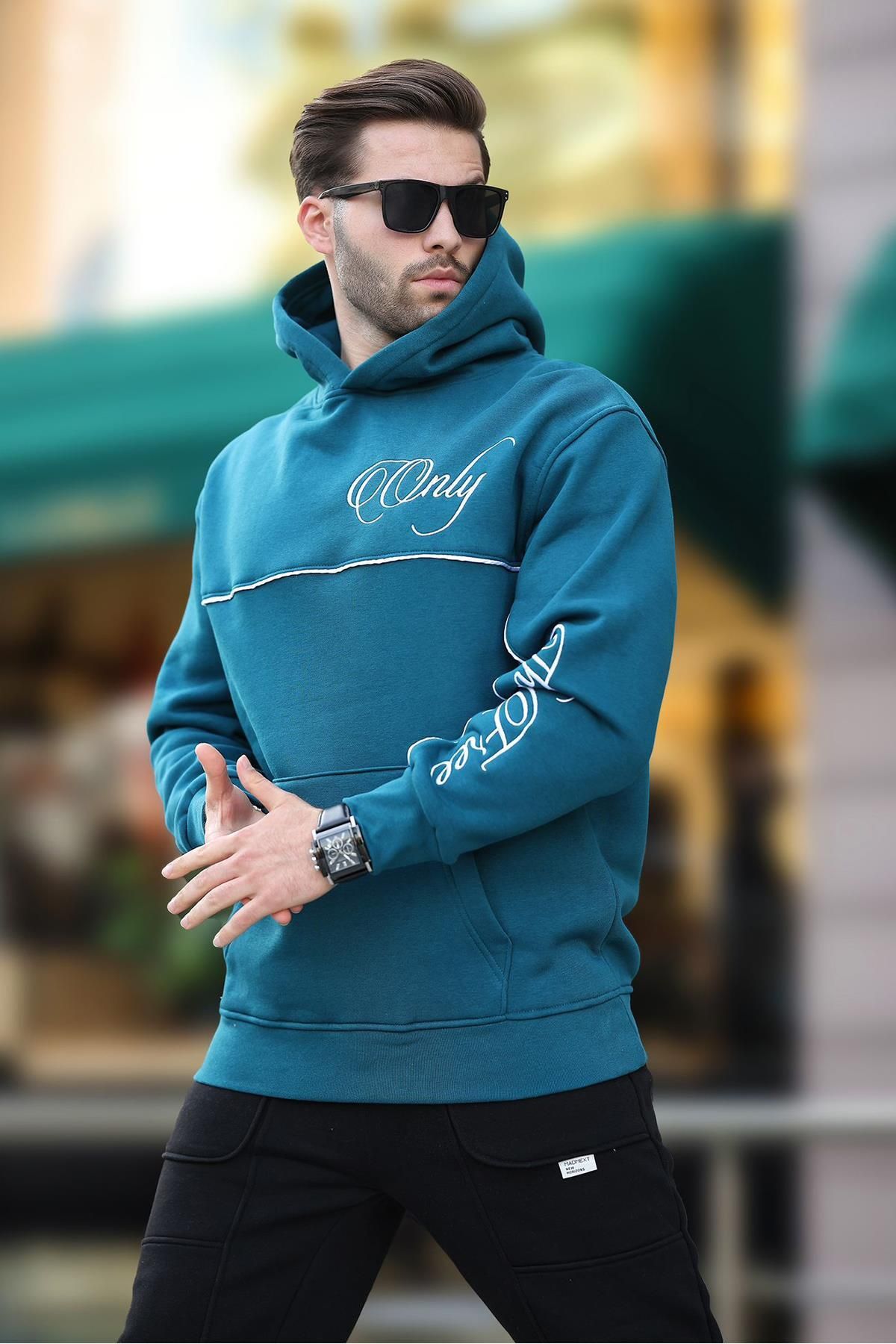سویشرت مردانه کلاهدار آبی بنزینی با جزئیات خط راه راه چاپ 7091 Madmext