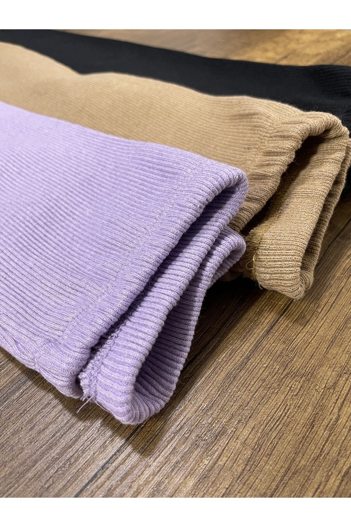 [Esnek Fitilli Siyah - Lila - Kahve 3lü Kız Kışlık Çocuk Tayt]