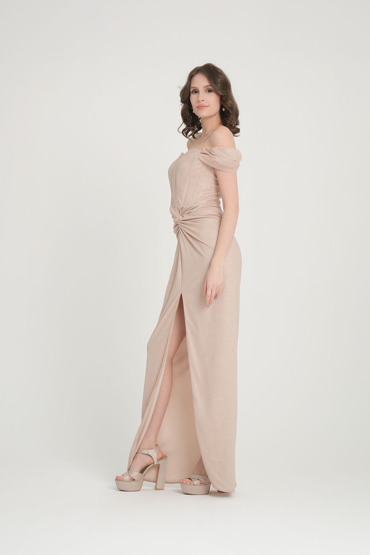 meksila-women's straptes boat neck underwire corset detail long slit with silvery lining engagement invitation evening dress 3