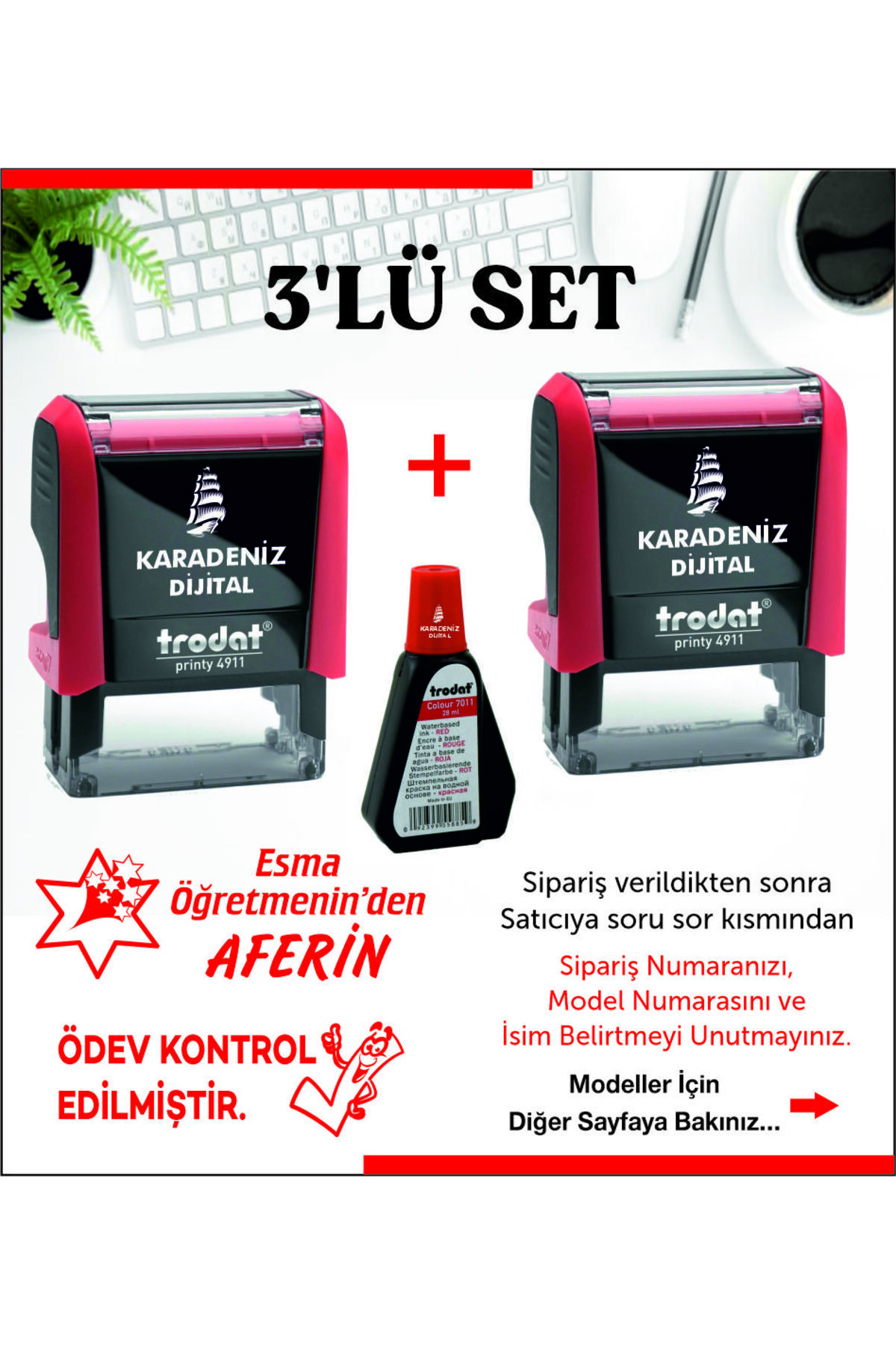 KARADENİZ DİJİTAL Öğretmen Kaşesi Aferin-harikasın- Ödev Kontrol Edilmiştir 2 Kaşe 1 Mürekkep - 3'lü Set