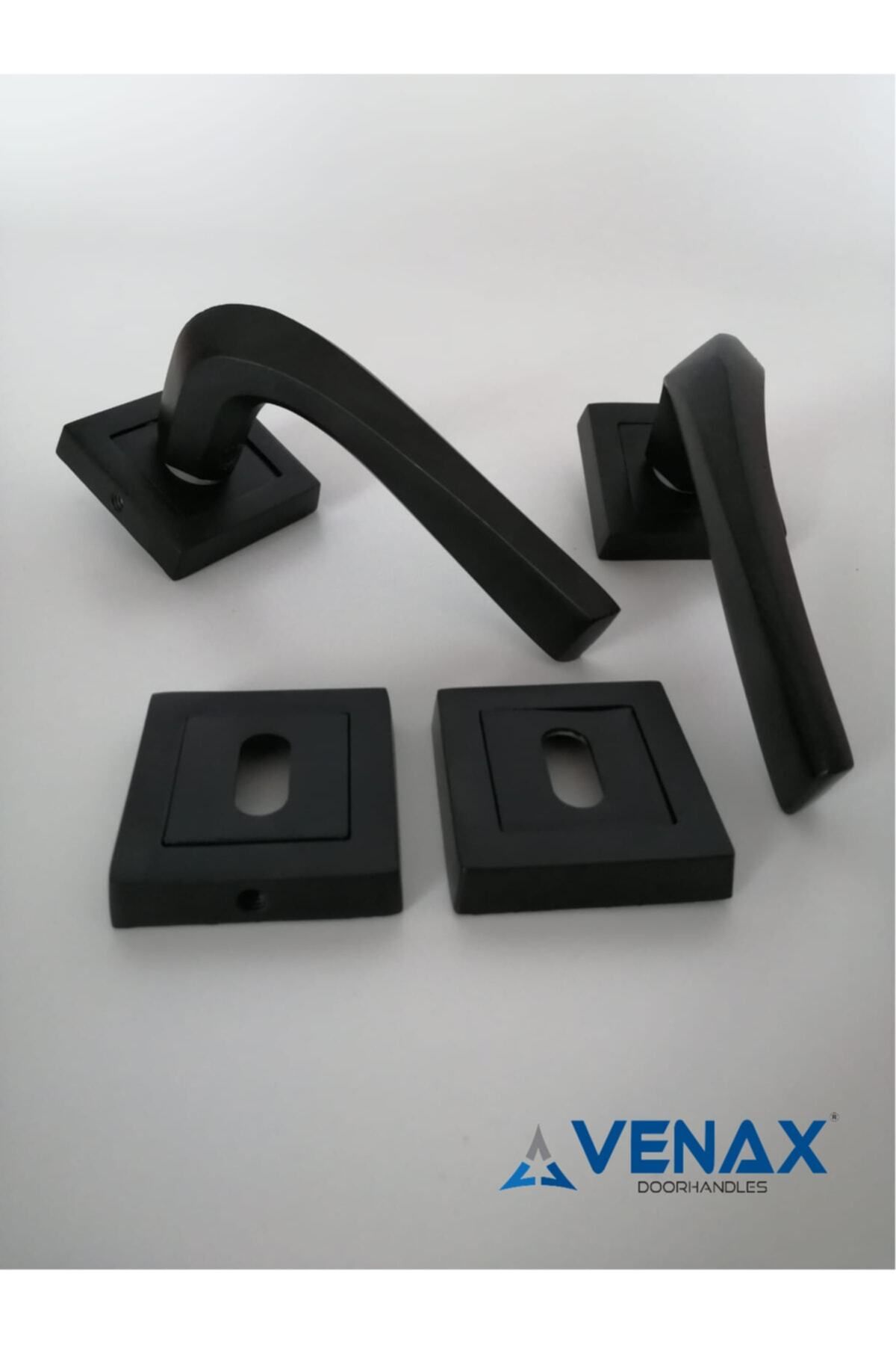 Venax-Matte Black Athens Room Door Handle with Stainless Square Rosette / 1 Set (2 Pieces - Front and Back) 2