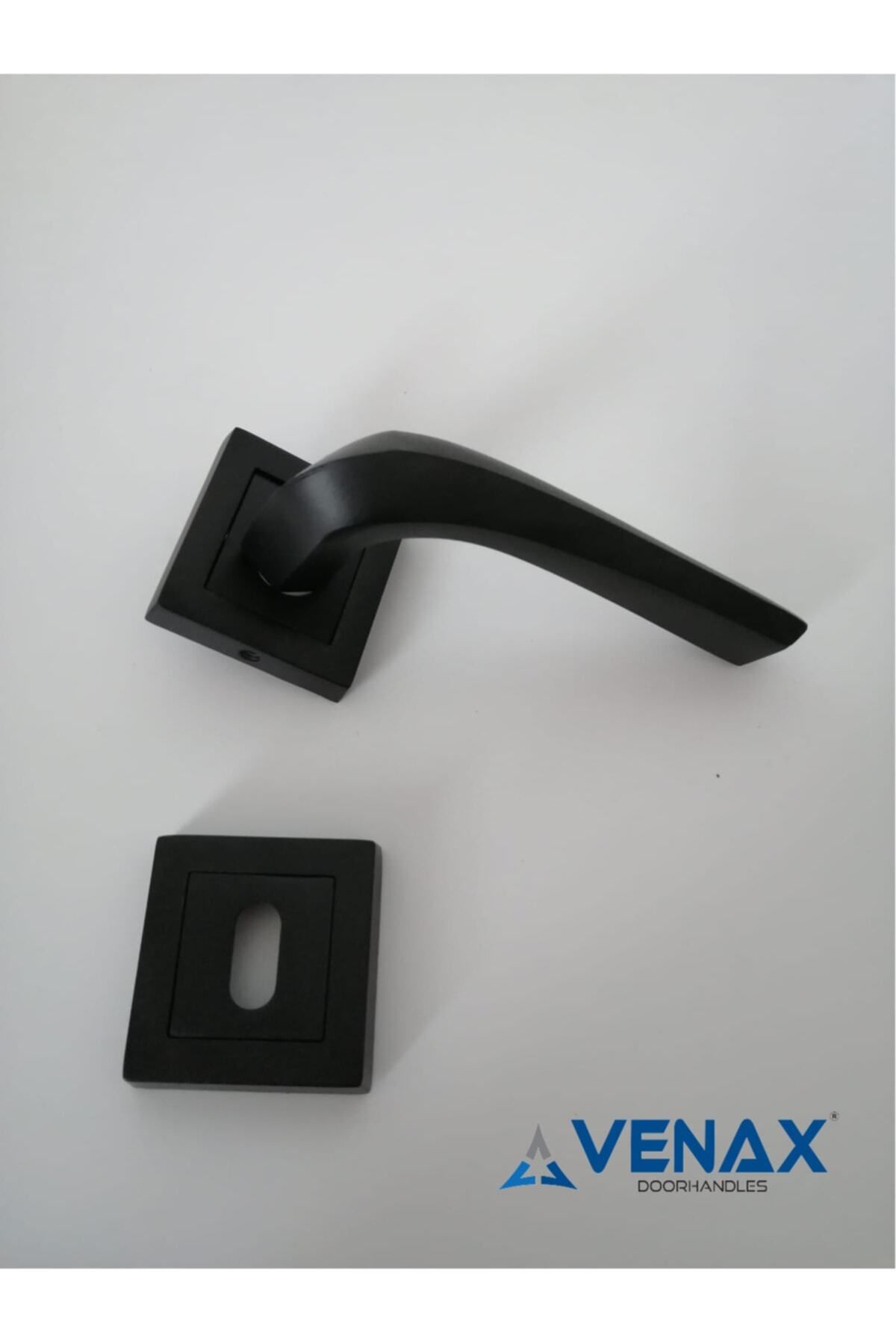 Venax-Matte Black Athens Room Door Handle with Stainless Square Rosette / 1 Set (2 Pieces - Front and Back) 4