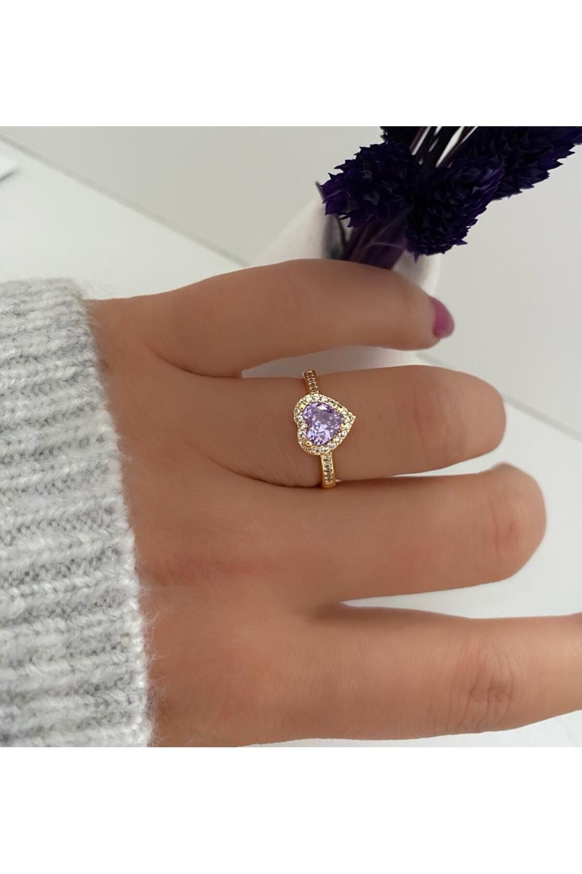 gold renk Zirkon taşlı ayarlanabilir kalpli trend model yüzük