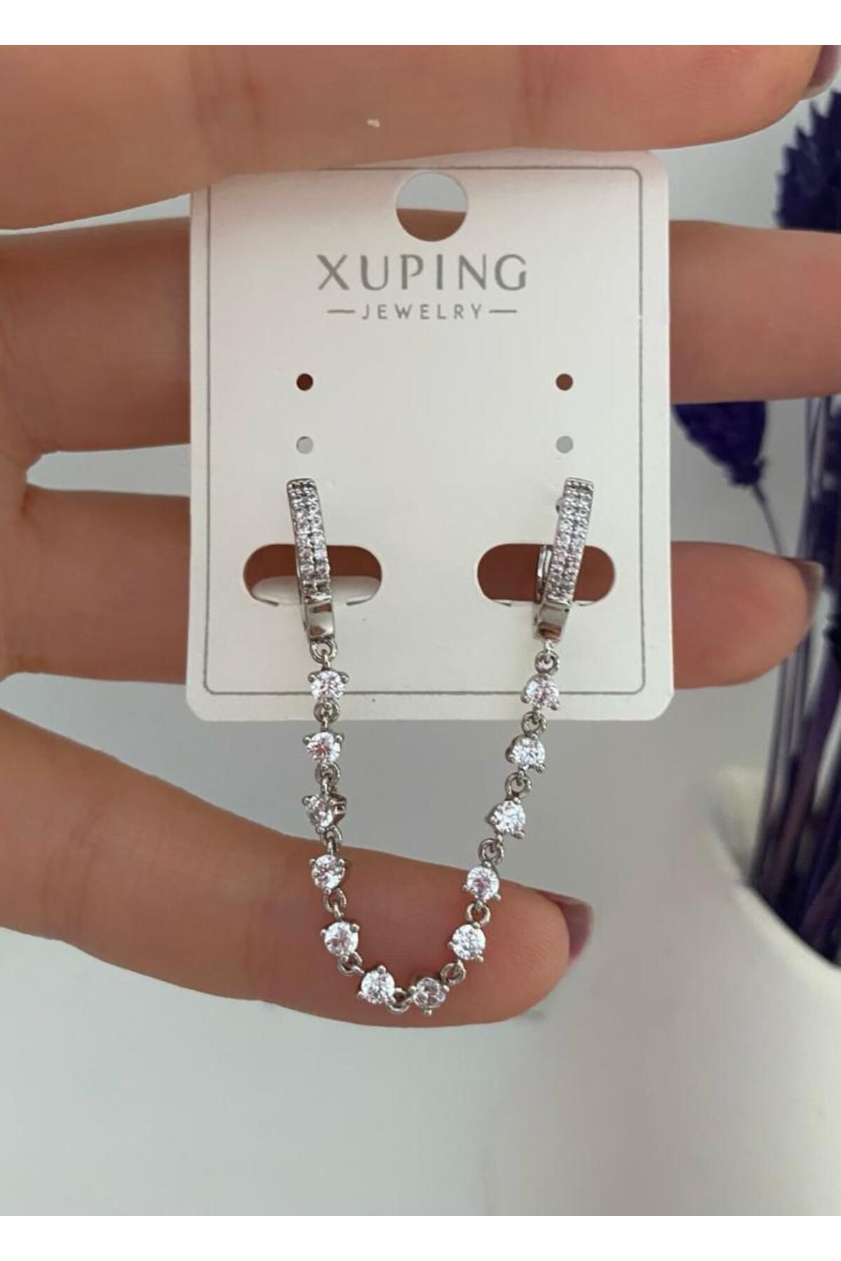 vip seri kararmaz xuping zirkon taşlı zincirli ikili halka küpe