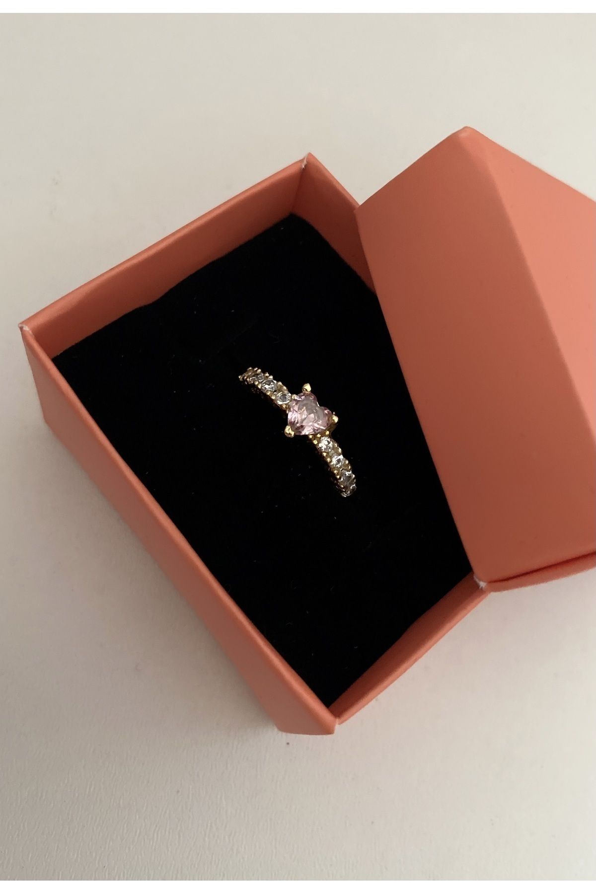 pembe zirkon tek taş kalpli ayarlanabilir yüzük