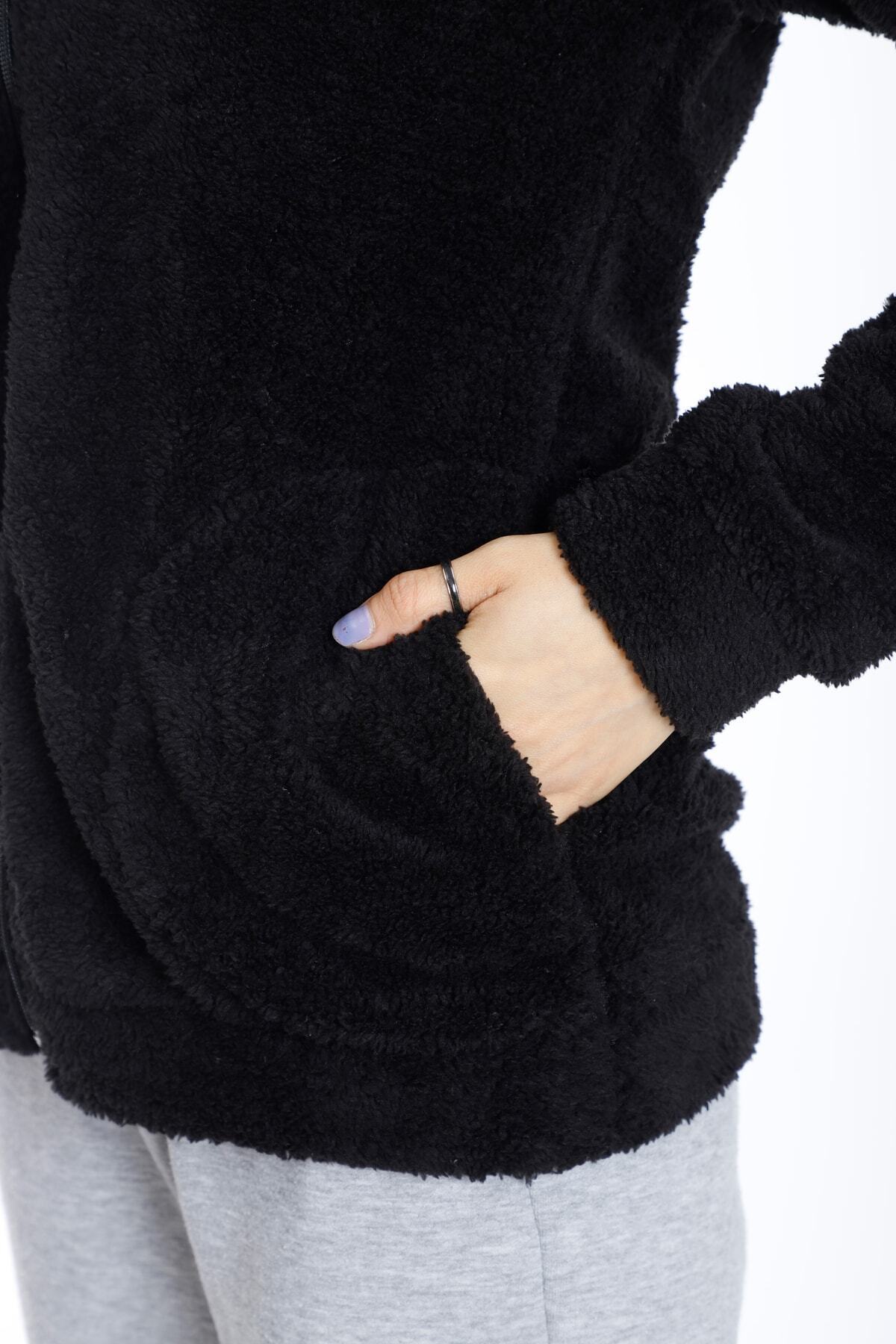 Welsoft Polar Kışlık Ceket Peluş Kapşonlu Ceket — مشکی 001 — تصویر 6 از 7
