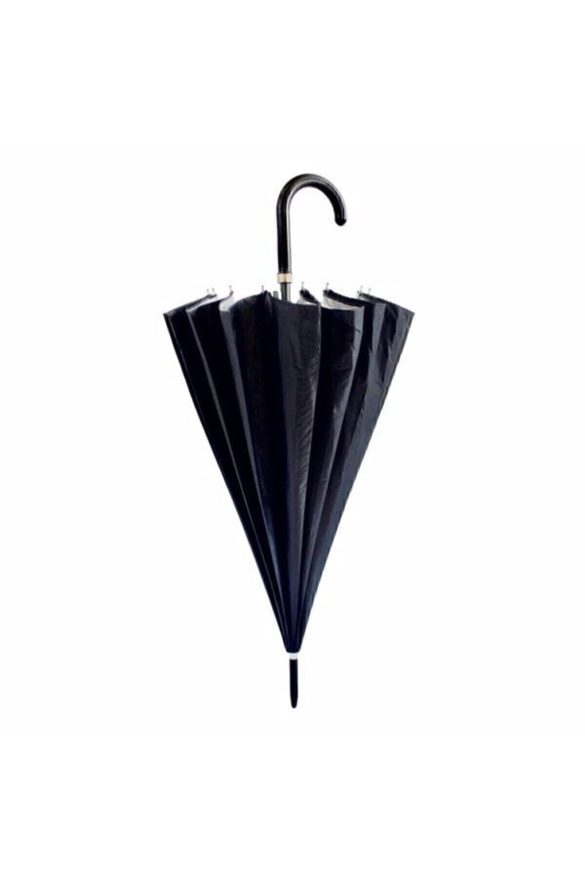 hiruzemin Fiber Telli Dışı Siyah Içi Gümüş Renk Baston Şemsiye Unisex Şemsiye 80 Cm görsel 3