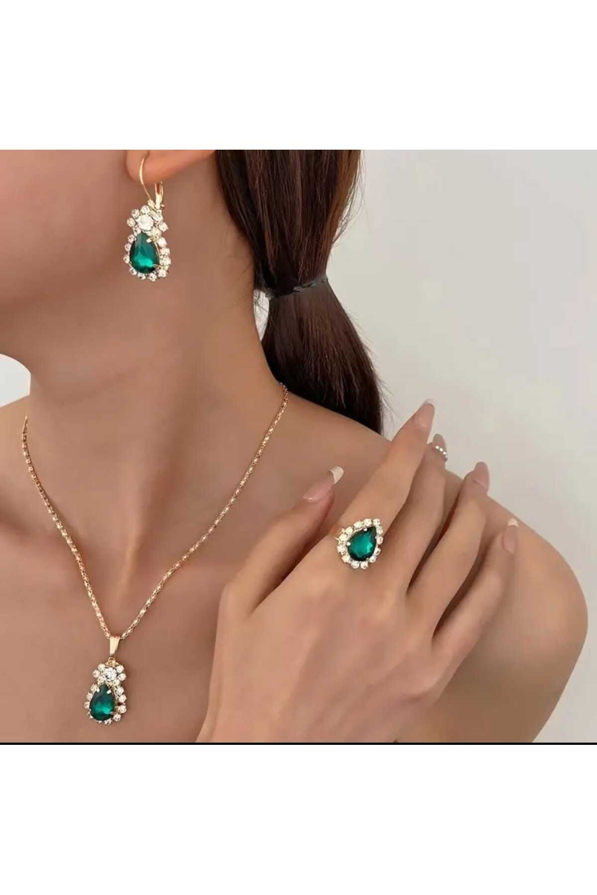 Beyna Gold Kaplama Kristal Taşlı Kolye Küpe Yüzük Seti Hediye Set Sevgiliye Hediye  Anneye Hediye