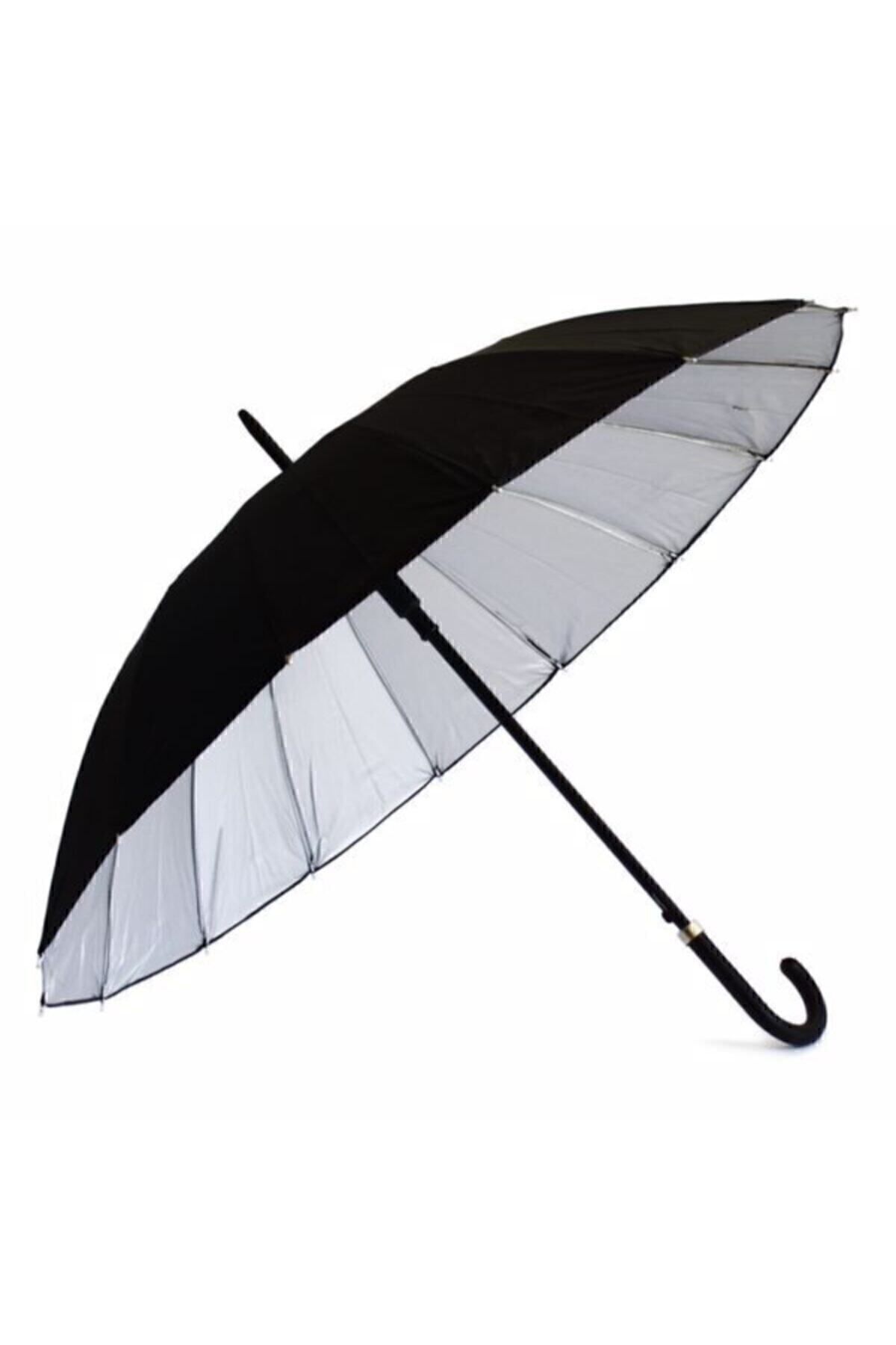 hiruzemin Fiber Telli Dışı Siyah Içi Gümüş Renk Baston Şemsiye Unisex Şemsiye 80 Cm görsel 2