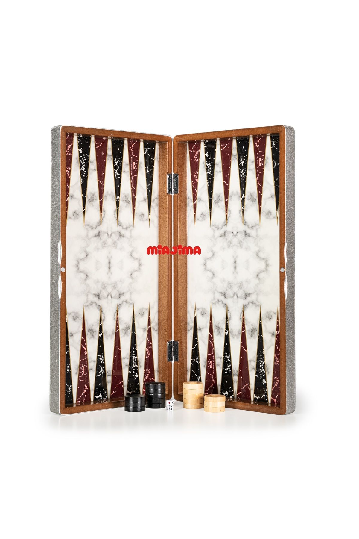 Miajima-Black and White Marble Patterned Large Size Backgammon Set - Wooden Sequin and Checkers 2