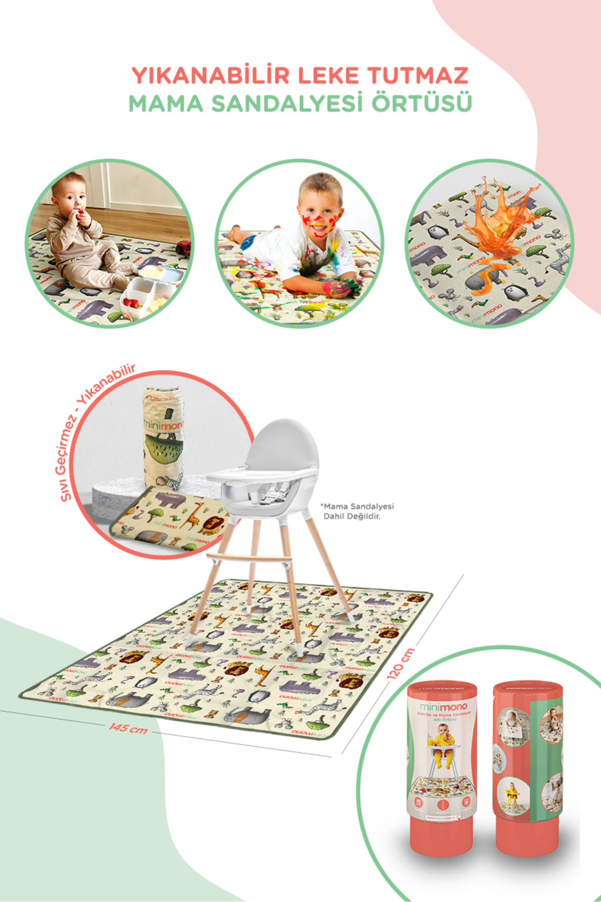 Minimono Mama Sandalyesi Ve Aktivite Örtüsü - Kaydırmaz Taban - Su Itici Yüzey - Yıkanabilir - 145x120cm
