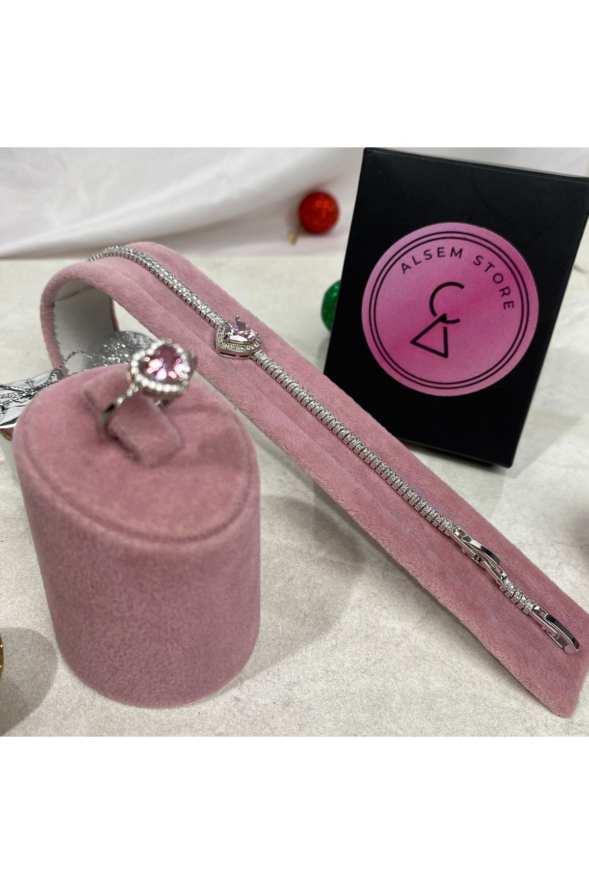 Gümüş Kalpli Bileklik ve Yüzük Seti , Pembe Kalpli Bileklik ve Yüzük Seti 3