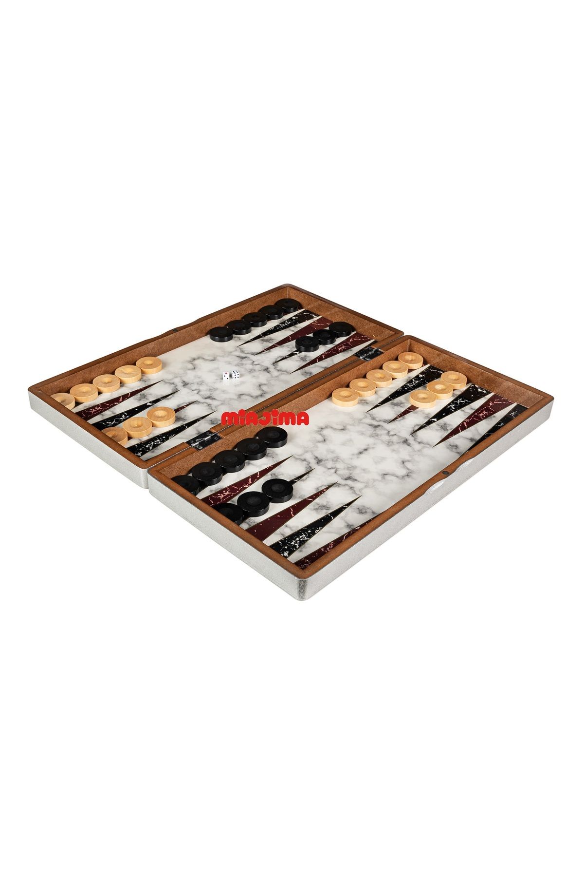 Miajima-Black and White Marble Patterned Large Size Backgammon Set - Wooden Sequin and Checkers 4