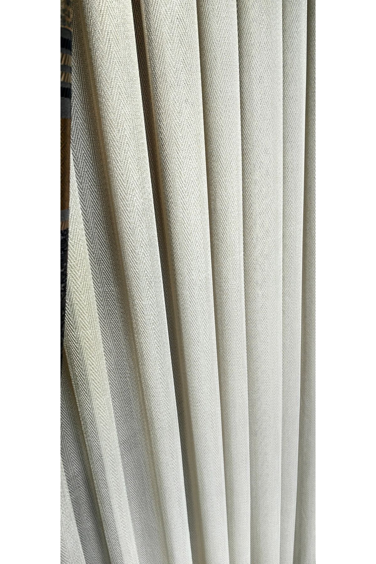 Yuka-Beige Herringbone Model Patterned 1/3 Tight Pleat Tulle Curtain Does Not Wrinkle or Iron 4