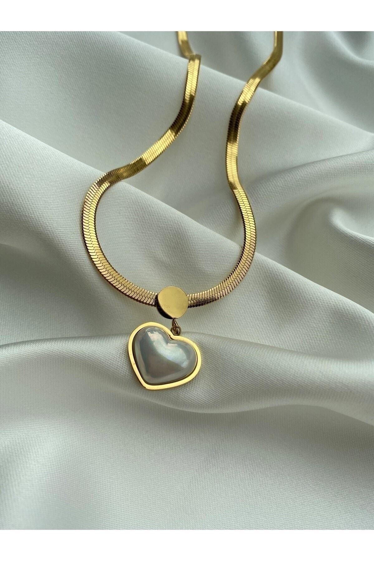 EGO Accessories-Women's Steel Italian Chain White Curved Heart Necklace Gold 2