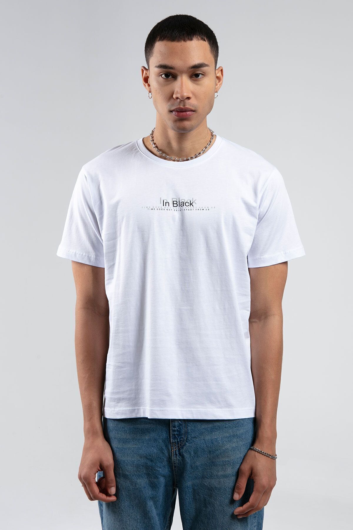 Beyaz Boyama Bisiklet Yaka Kısa Kollu  Baskılı %100 Pamuklu T-Shirt | MES218844-01