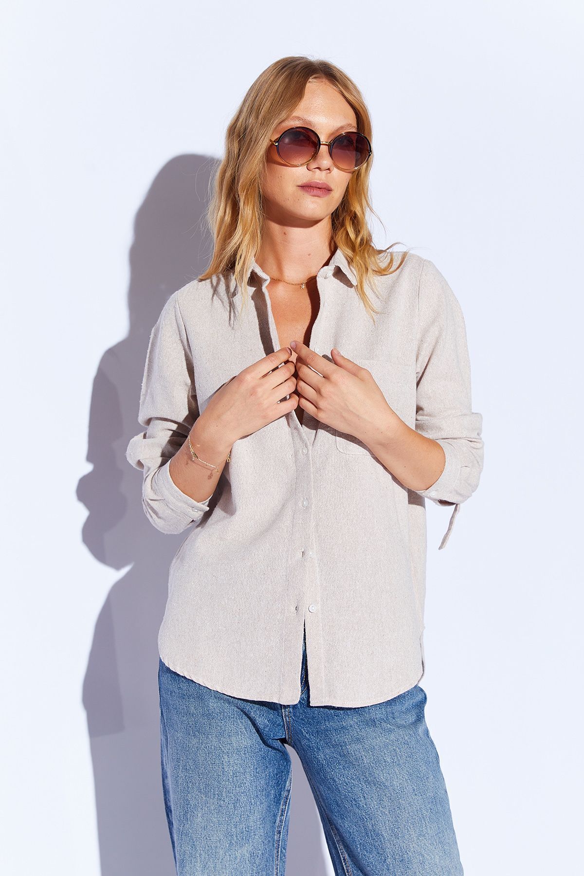Manche-Women's Cotton Shirt - Stone Epaulettes, MKS 166741 -01 6