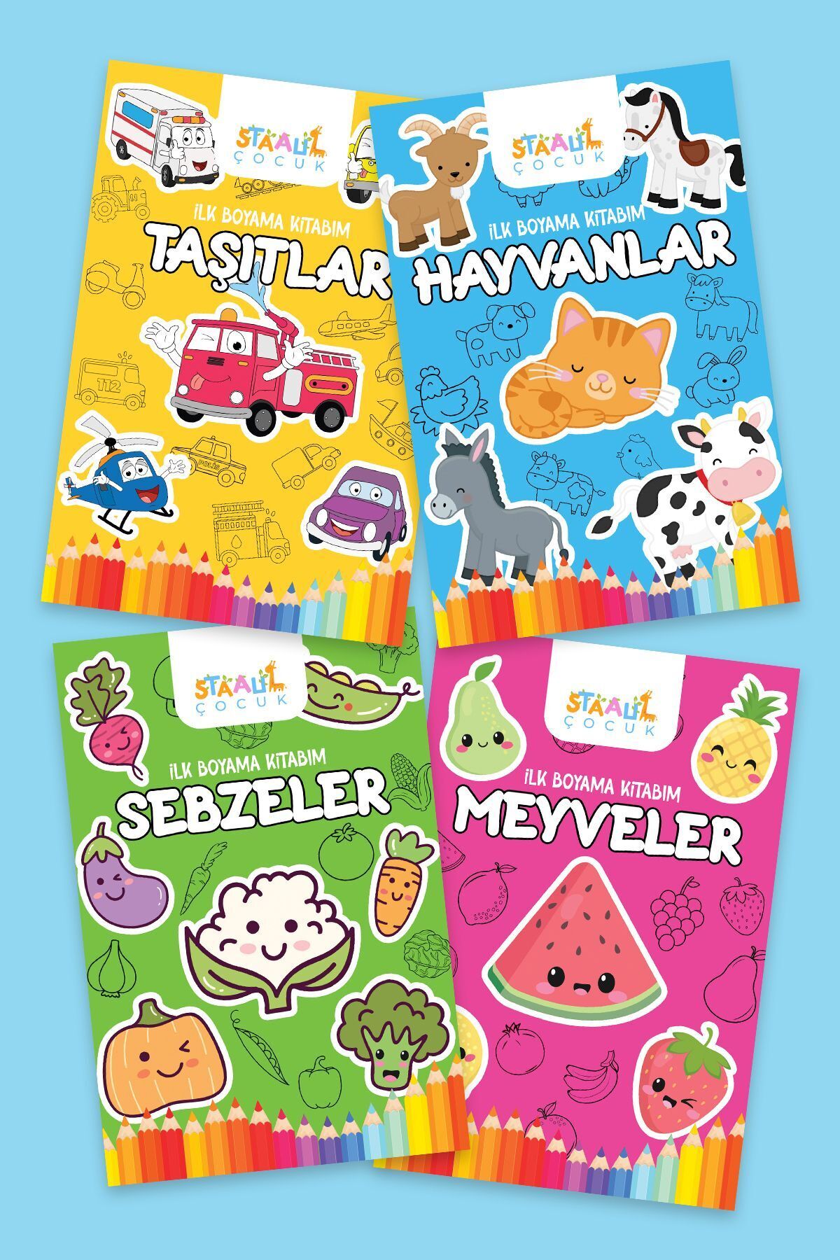 STAAU Çocuk İlk Boyama Kitabım - Eğlenceli Boyama Seti 3 ( Meyveler - Sebzeler - Hayvanlar - Taşıtlar)