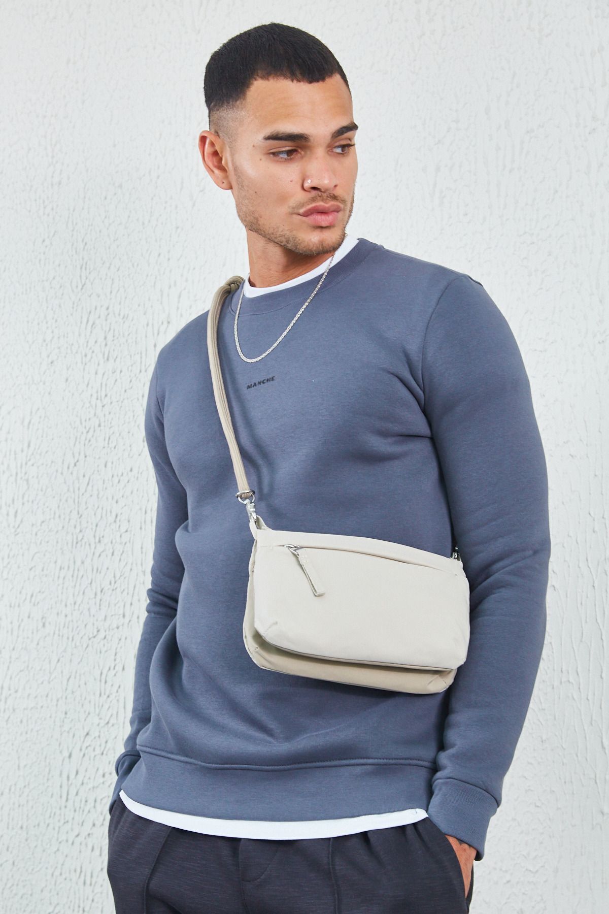Füme Bisiklet Yaka Basic Minimal Baskılı Sweat Boyama Gri | MEW227696-01