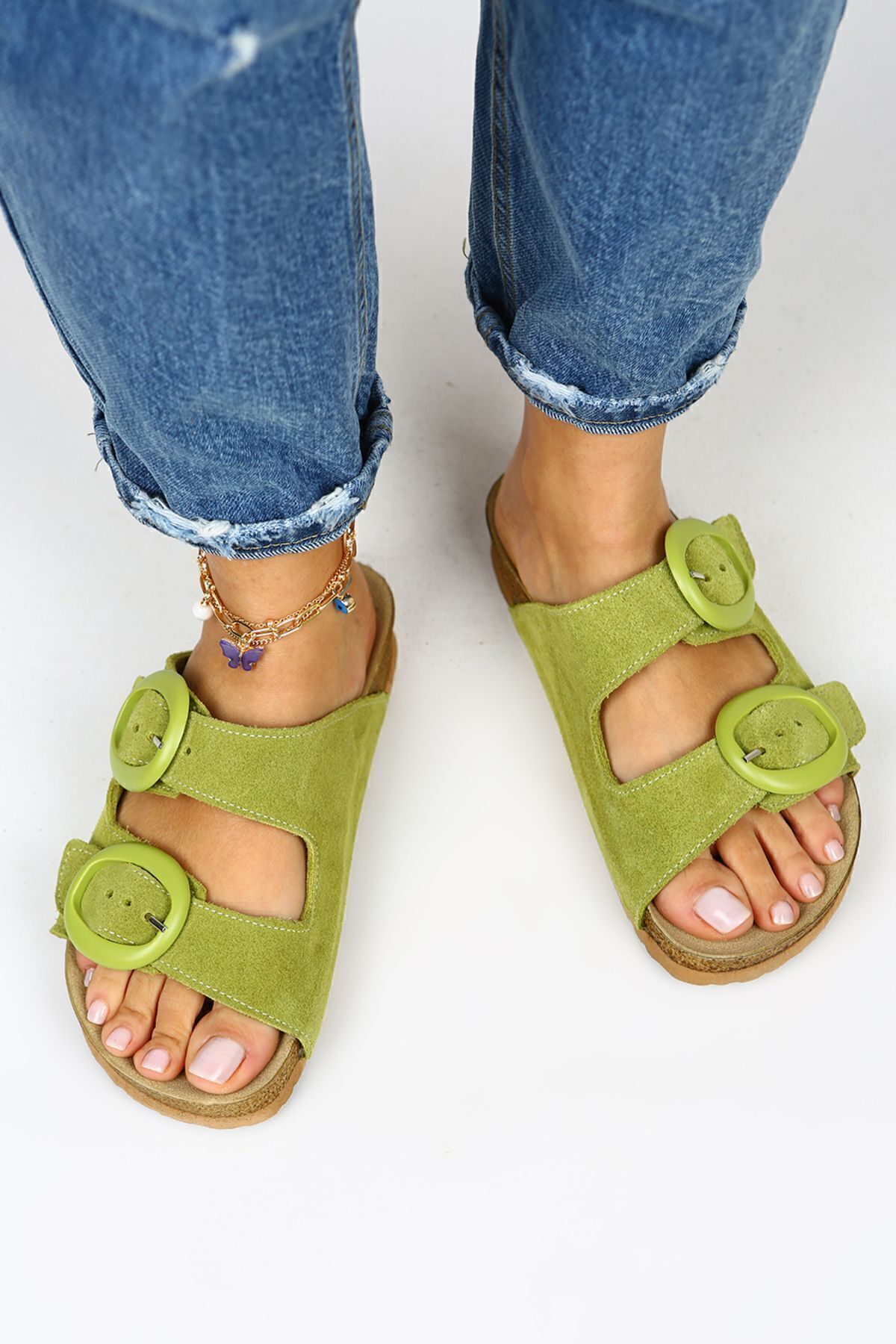 دمپایی سبز زنانه Eron Genuine Leature Peanut Green Double Blue Slipper Manijero