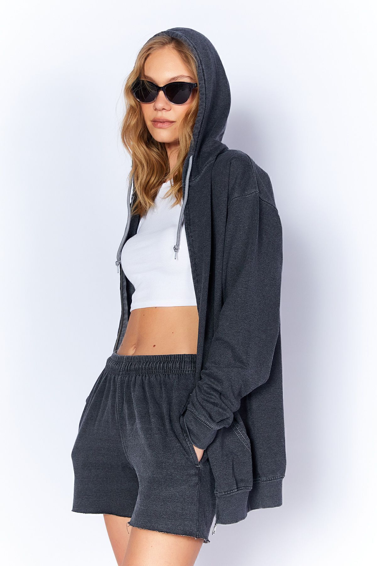 Antrasit Eskitme/soluk Efektli Rahat Kesim Fermuarlı Kapüşonlu Sweatshirt Hırka | MKW278855-01