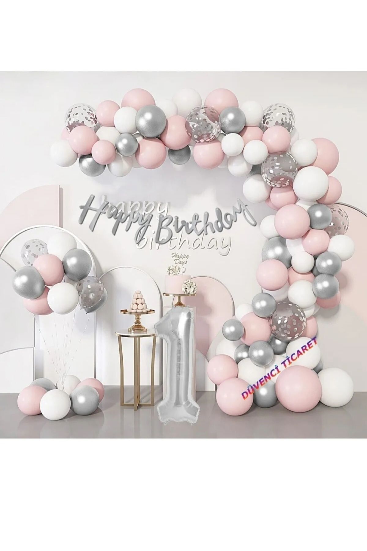 SYC GROSS 1 Yaş Gümüş Pembe Beyaz Konfetili Balon Doğum Günü Seti 1*2*3*4*5*6*7*8*9 Yaş Seçebilirsiniz