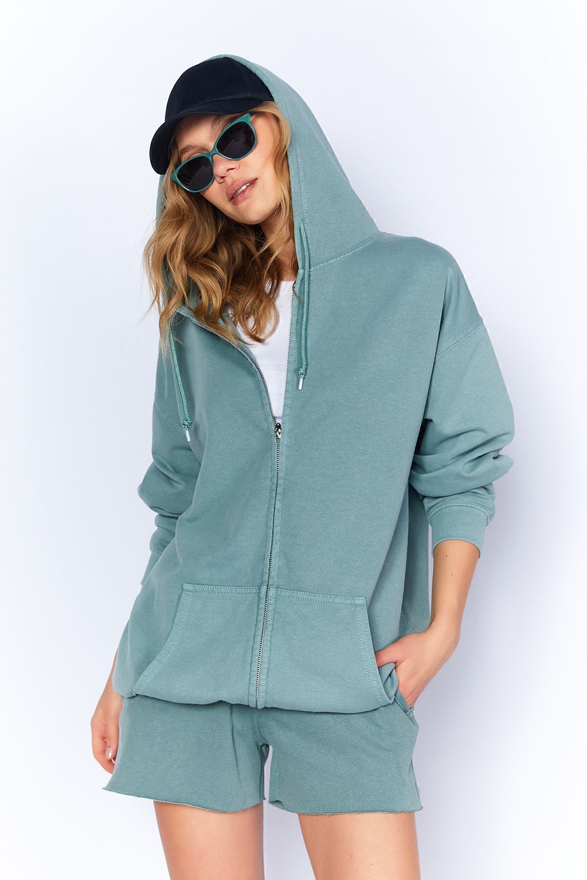 Petrol Eskitme/soluk Efektli Rahat Kesim Fermuarlı Kapüşonlu Sweatshirt Hırka | MKW278855-01