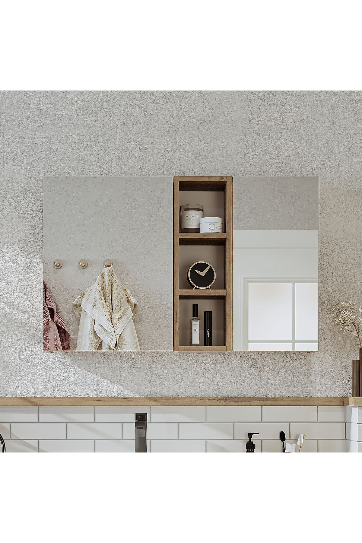 Banyo Dolabı Kulpsuz 2 Kapaklı Atlantik Çam Mdf 95 Cm Aynalı Banyo Üst Dolabı