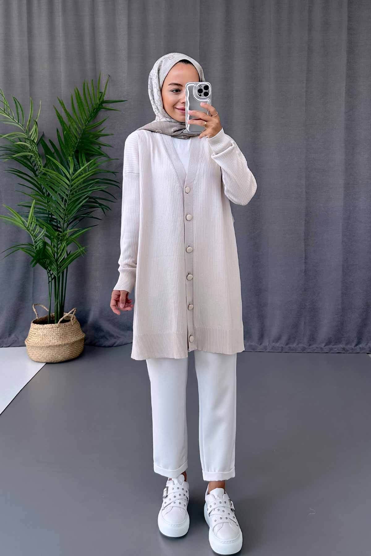 Ka Hijab-Mercerized Hijab Cardigan with Stone Color Button Ribbon 3