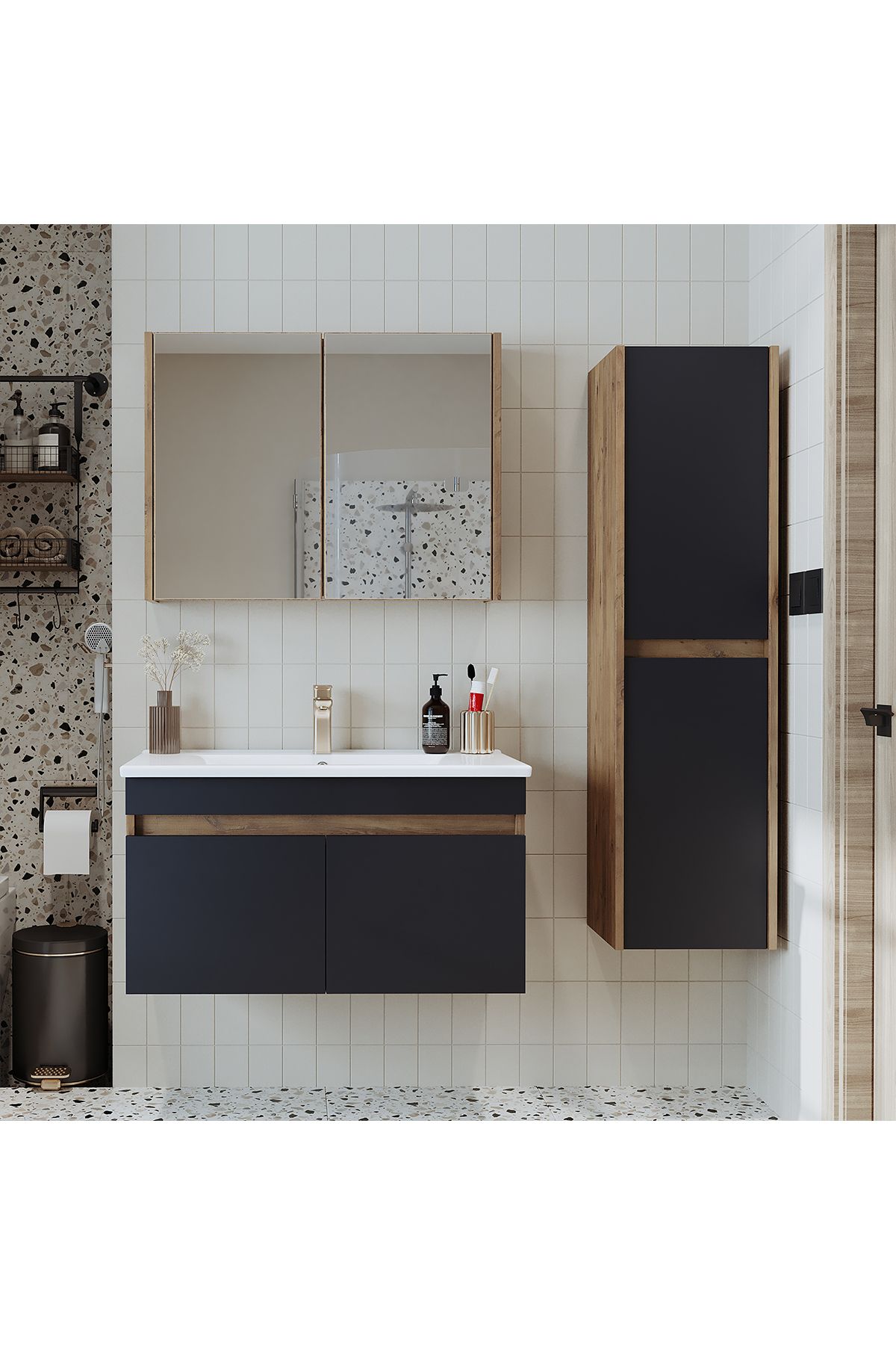 ROOMART '' Lavabolu '' Atlantik - Antrasit Mat Mdf 85 Cm Alt Dolap Aynalı Üst Dolap Boy Dolap